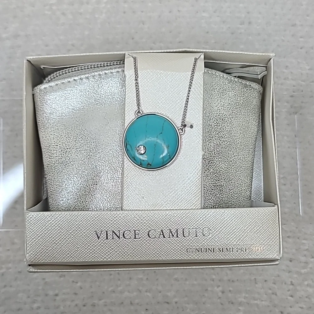 Vince Camuto Elegant Genuine Semi Precious Pendant Necklace and Travel Pouch NWT